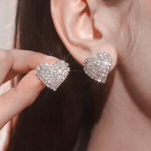 3/$35 Silver Plated Heart Rhinestones Ear Studs Earrings Diamond Crystal